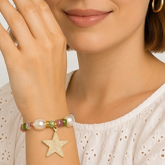 🆕 Y2K Style Colorful Gemstone Bracelet W/ Zirconia Star Charm Stainless Steel - Picture 3 of 13